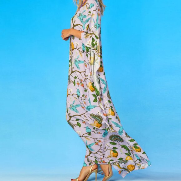 Nicoblu Flora Kaftan Lavender Hummingbird Print Plus Size Beach Swim Cover Up - Picture 2 of 11